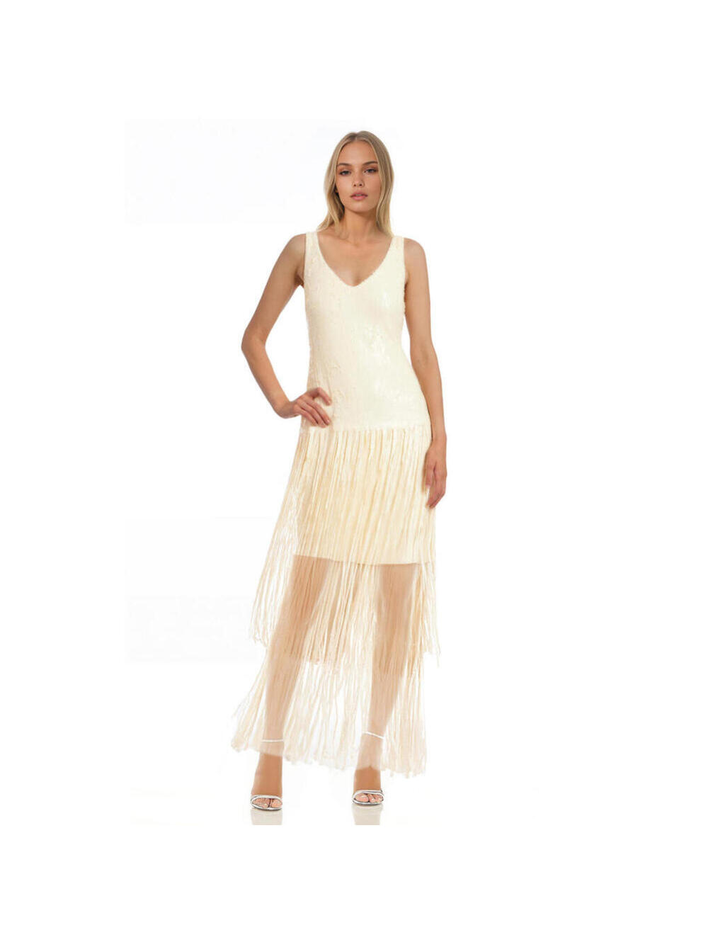 Badgley Mischka Emilia Tiered Sequin Fringe V-Neck Dress Buttercream * 2 Party - Picture 4 of 8